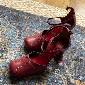 Deep red lipstick color chunky hi heel  shoes